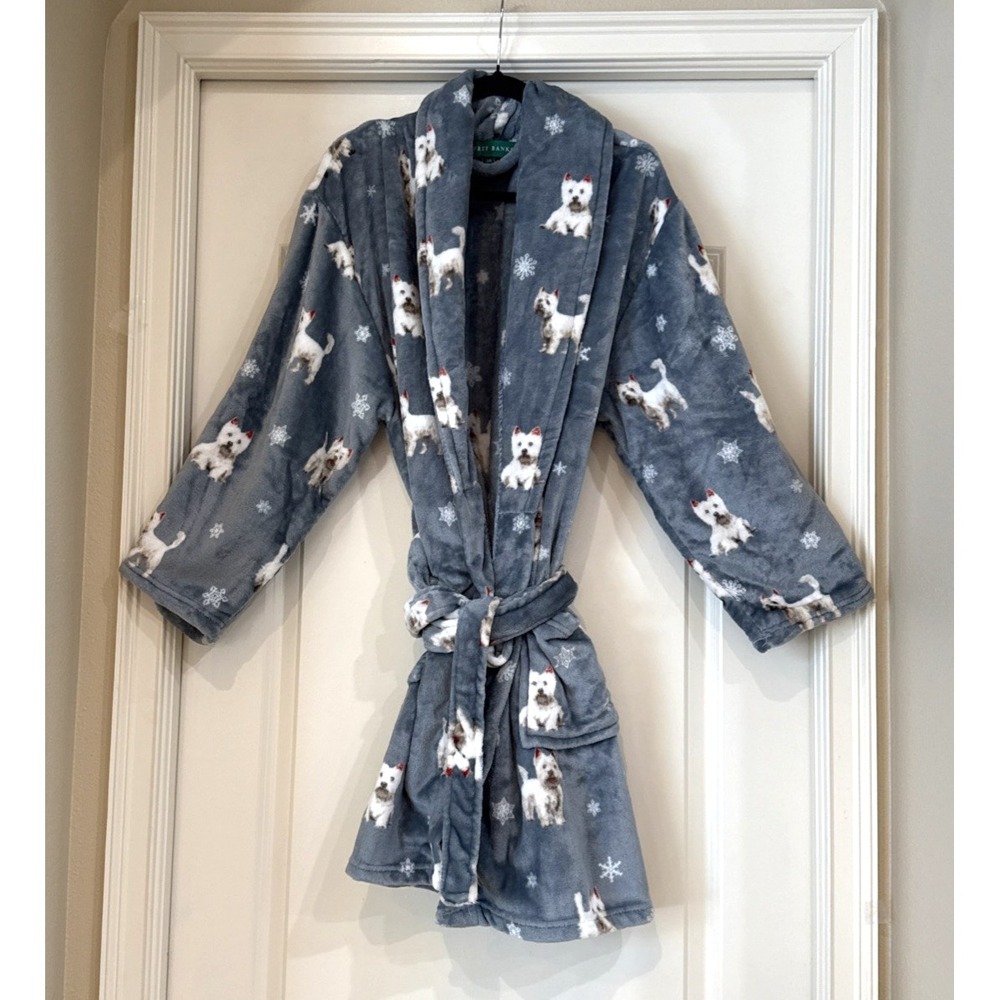Jeffrey Banks Westie Dog Snowflake Plush Fleece Robe Grey L/XL‎